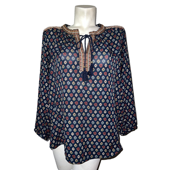 Daniel Rainn Top Women's Size XL Blue Print Peasant Split Neck Tassel Tie Tunic - Picture 1 of 6